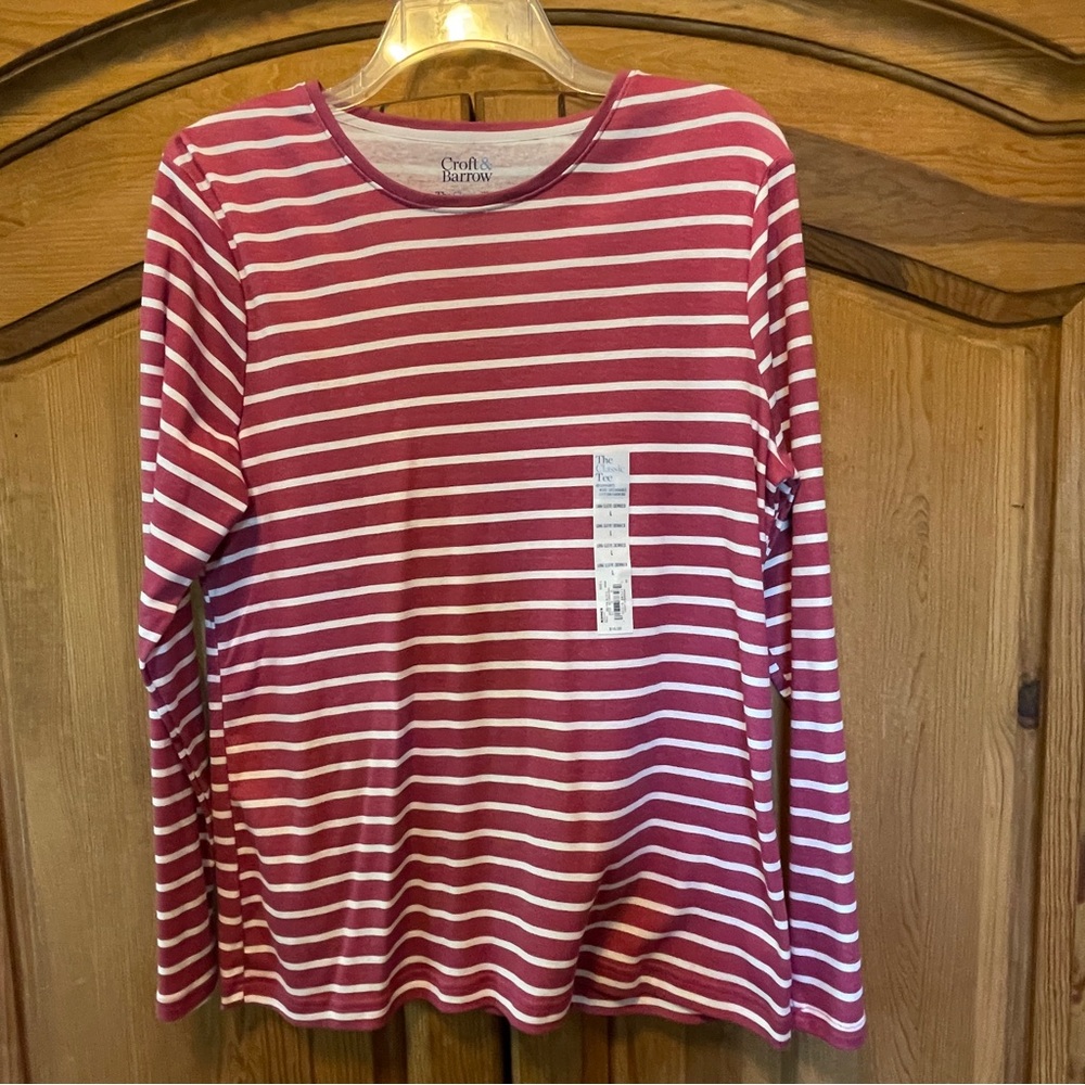 Women's Large Long Sleeve Tee T-Shirt Top Rose Pink White Stripe Croft & Barrow